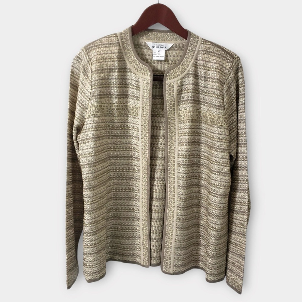 Exclusively Misook Gold Metallic Knit Open Front Cardigan Jacket Medium Brown